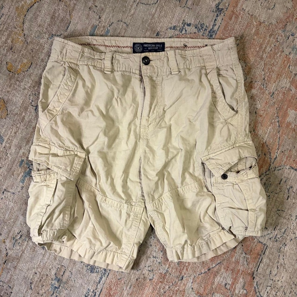 American Eagle Mens Khaki Cargo Shorts Size 32 Tan Y2K Skater Preppy Cotton